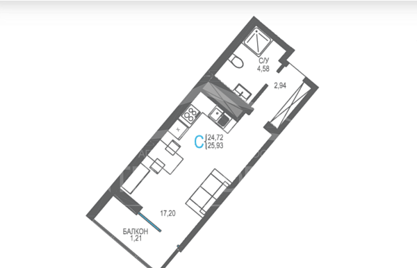 1-к комнатная квартира 25,93 м2 на 9/16 этаже, ЖК Лучистое, с. Алушта, Семидворье