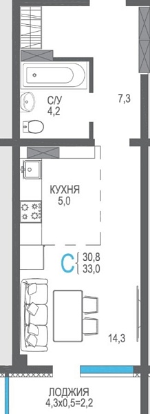 Студия 33 м2 на 7/12 этаже, ЖК ЯлтаПарк